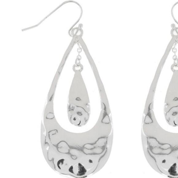 Bohemian Hammered Metal Open Teardrop Dangle Earrings Silver - Picture 2 of 2